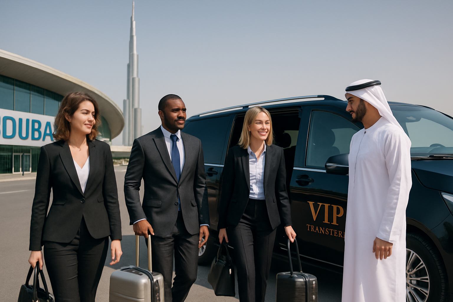 Business professionals using VIP airport transfer service in Dubai