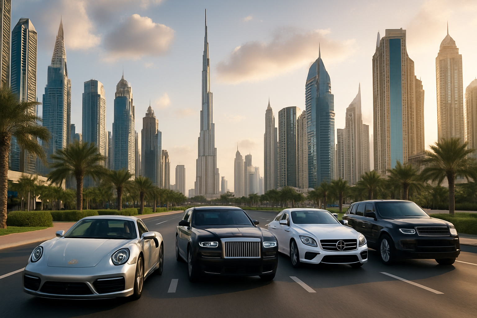 Luxury Dubai cityscape with modern cars on the road